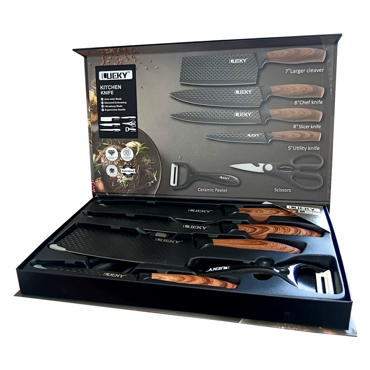 Set de Cuchillos Antiadherentes (6 en 1) – Textura Diamante y Mango Ergonómico
