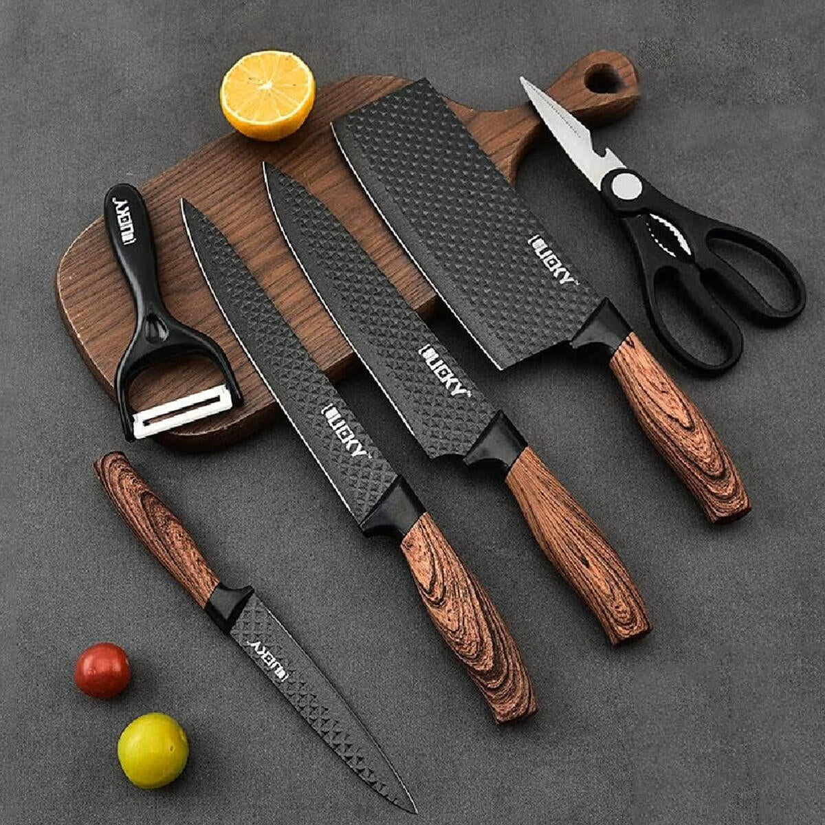 Set de Cuchillos Antiadherentes (6 en 1) – Textura Diamante y Mango Ergonómico