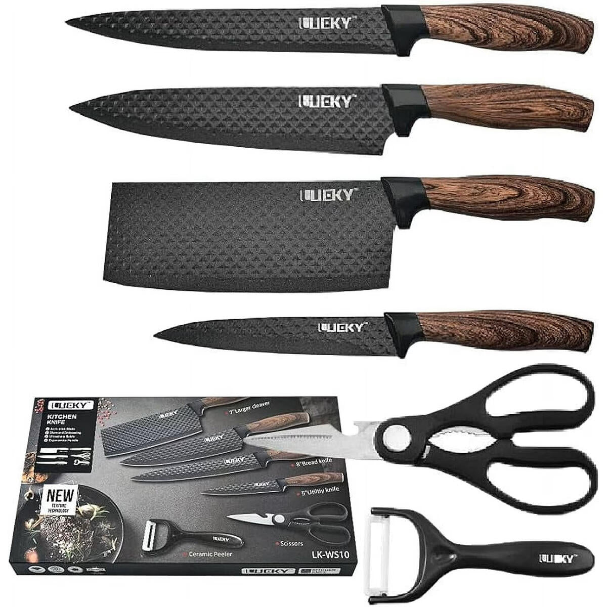 Set de Cuchillos Antiadherentes (6 en 1) – Textura Diamante y Mango Ergonómico