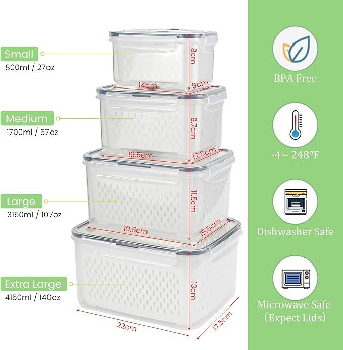Set de 4 Recipientes Herméticos Premium con Colador Integrado