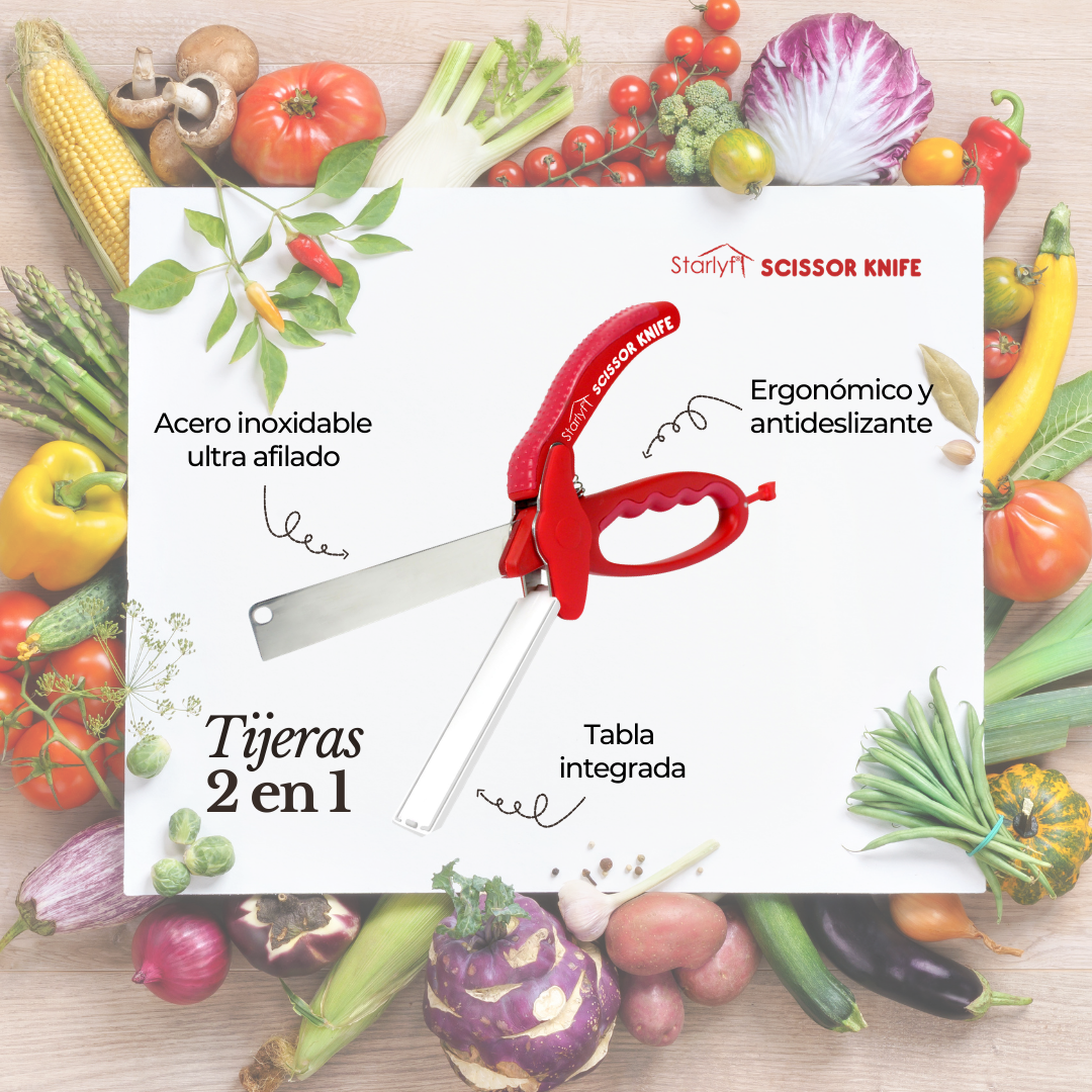 Cortador de Verduras 2 en 1 - Tijeras con Tabla de Cortar Integrada