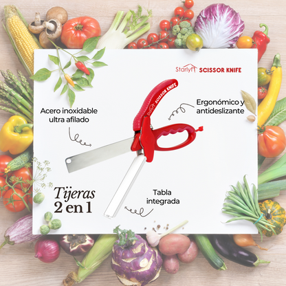 Cortador de Verduras 2 en 1 - Tijeras con Tabla de Cortar Integrada