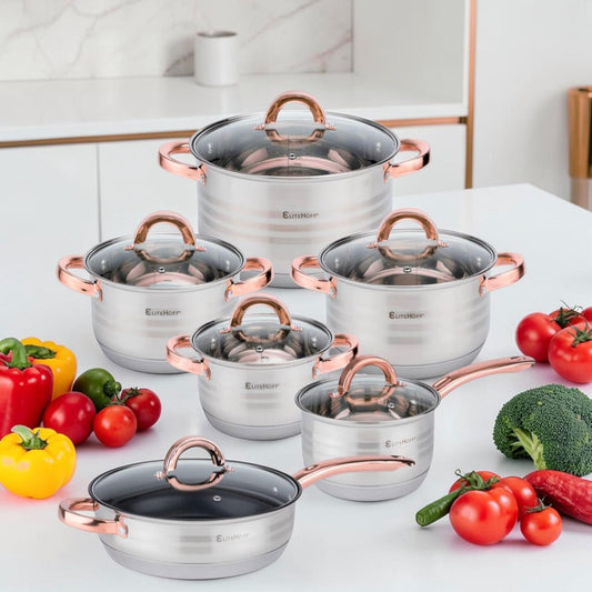 Batería de Cocina 12 Piezas de Acero Inoxidable con Tapas – Apta para Inducción (Rosa)