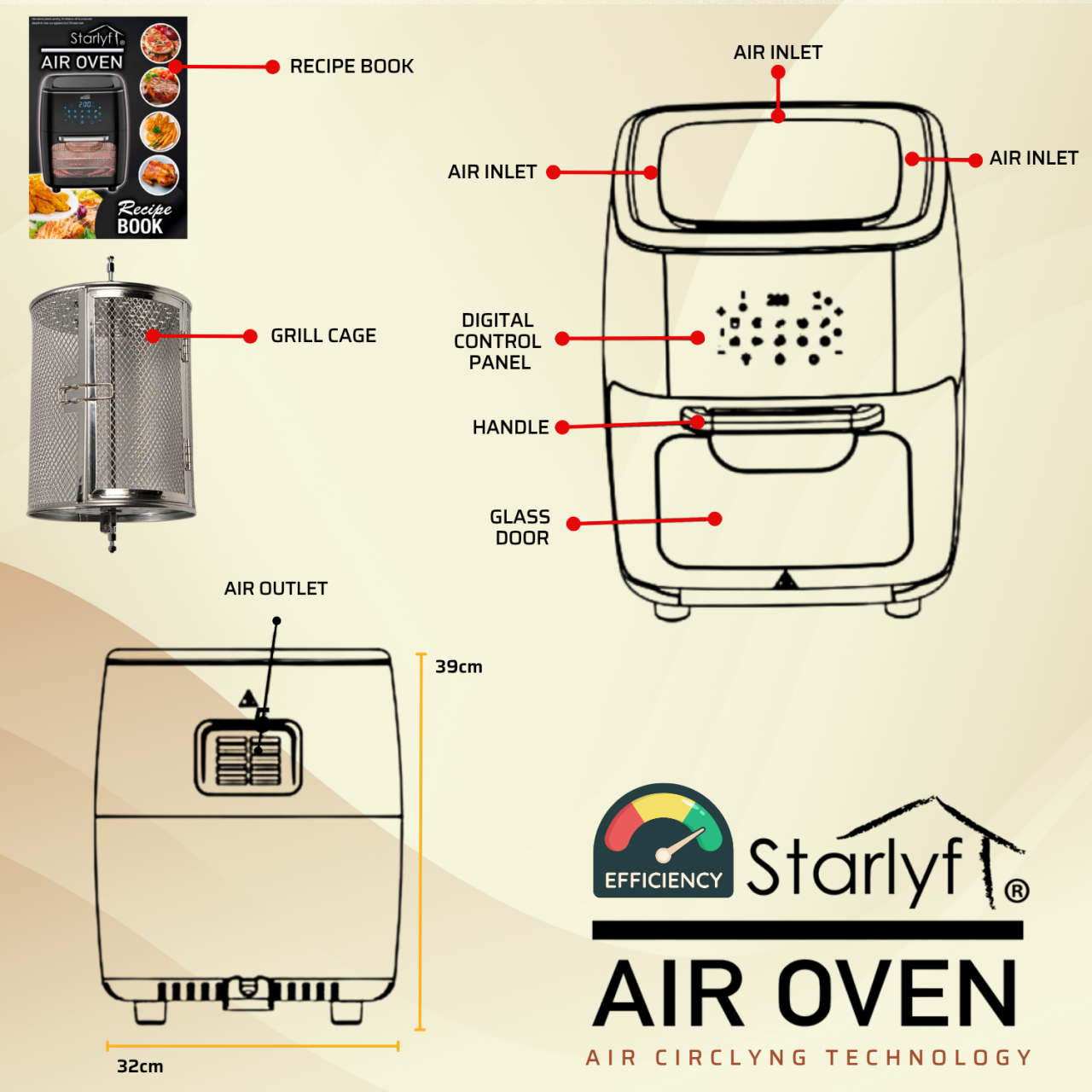 Horno freidora de aire de 12 L de capacidad