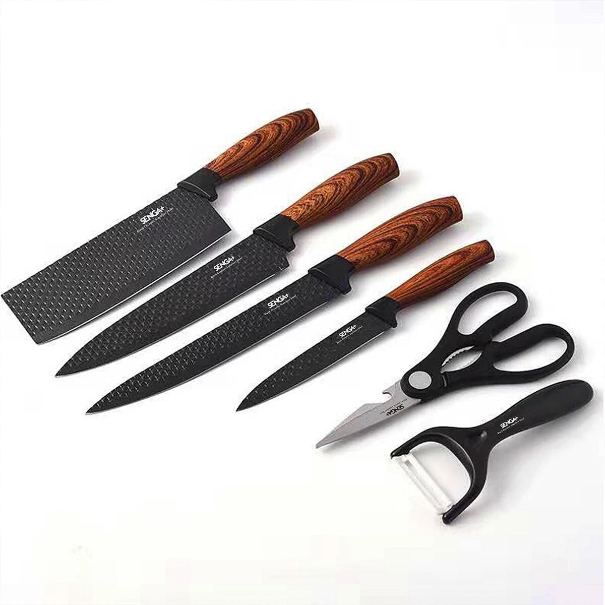 Set de Cuchillos Antiadherentes (6 en 1) – Textura Diamante y Mango Ergonómico