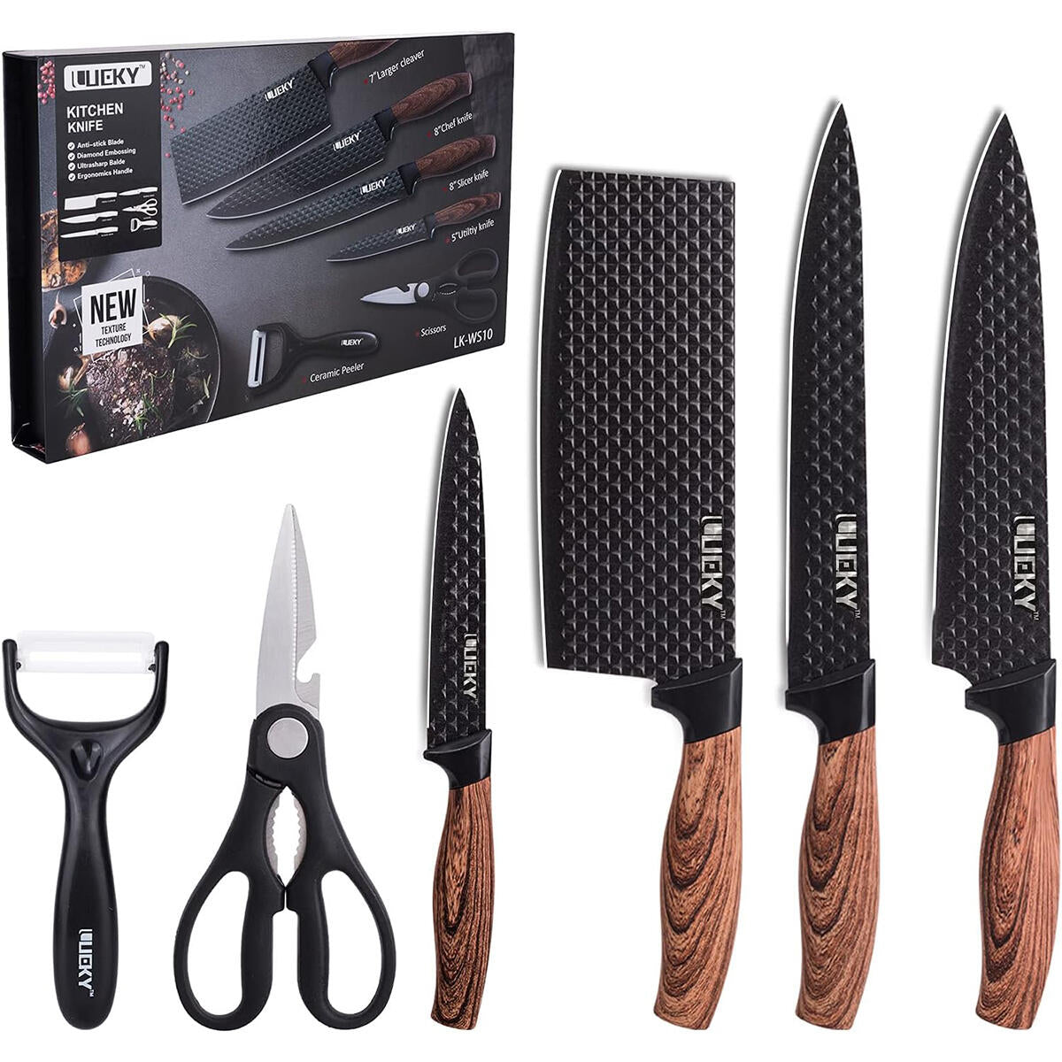 Set de Cuchillos Antiadherentes (6 en 1) – Textura Diamante y Mango Ergonómico