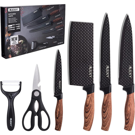 Set de Cuchillos Antiadherentes (6 en 1) – Textura Diamante y Mango Ergonómico